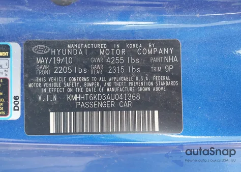 2010 Hyundai Genesis 2.0T Premium z USA, uszkodzony, nr VIN KMHHT6KD3AU041368